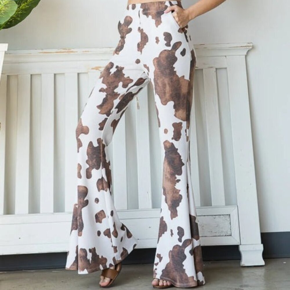Animal Print Flared High Waisted Western Boho Stretchy Bell Bottom Pull On